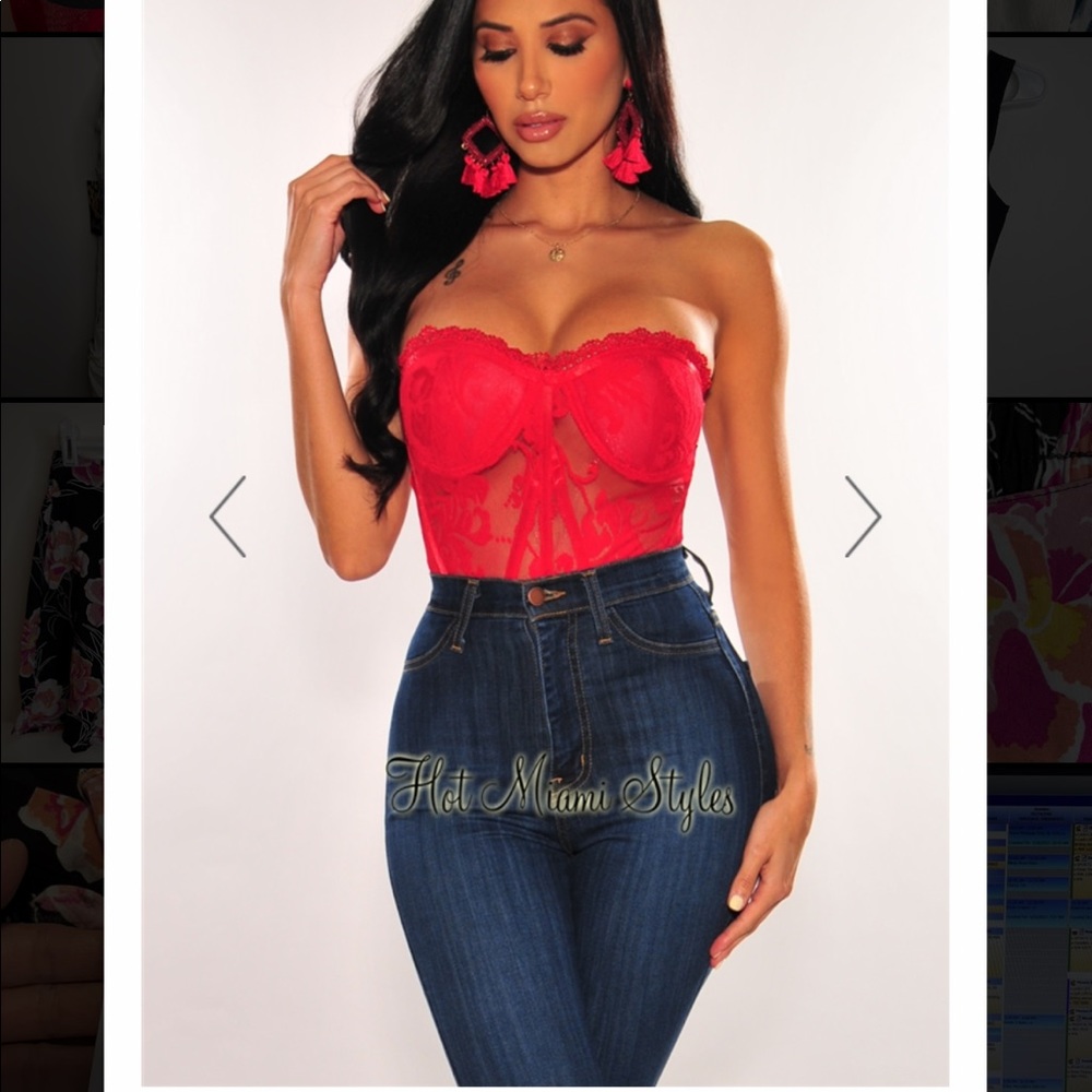 ♥️Red Mesh Lace Corset Bustier Padded Crop Top❤️